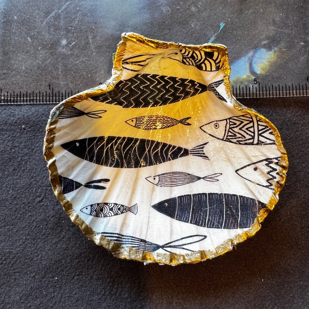Artistic Fish Shell Dish / Trinket Tray- Blue and Gold